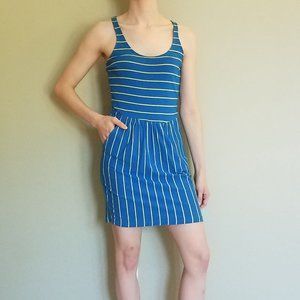 Blue and Green Striped Dress with Pockets